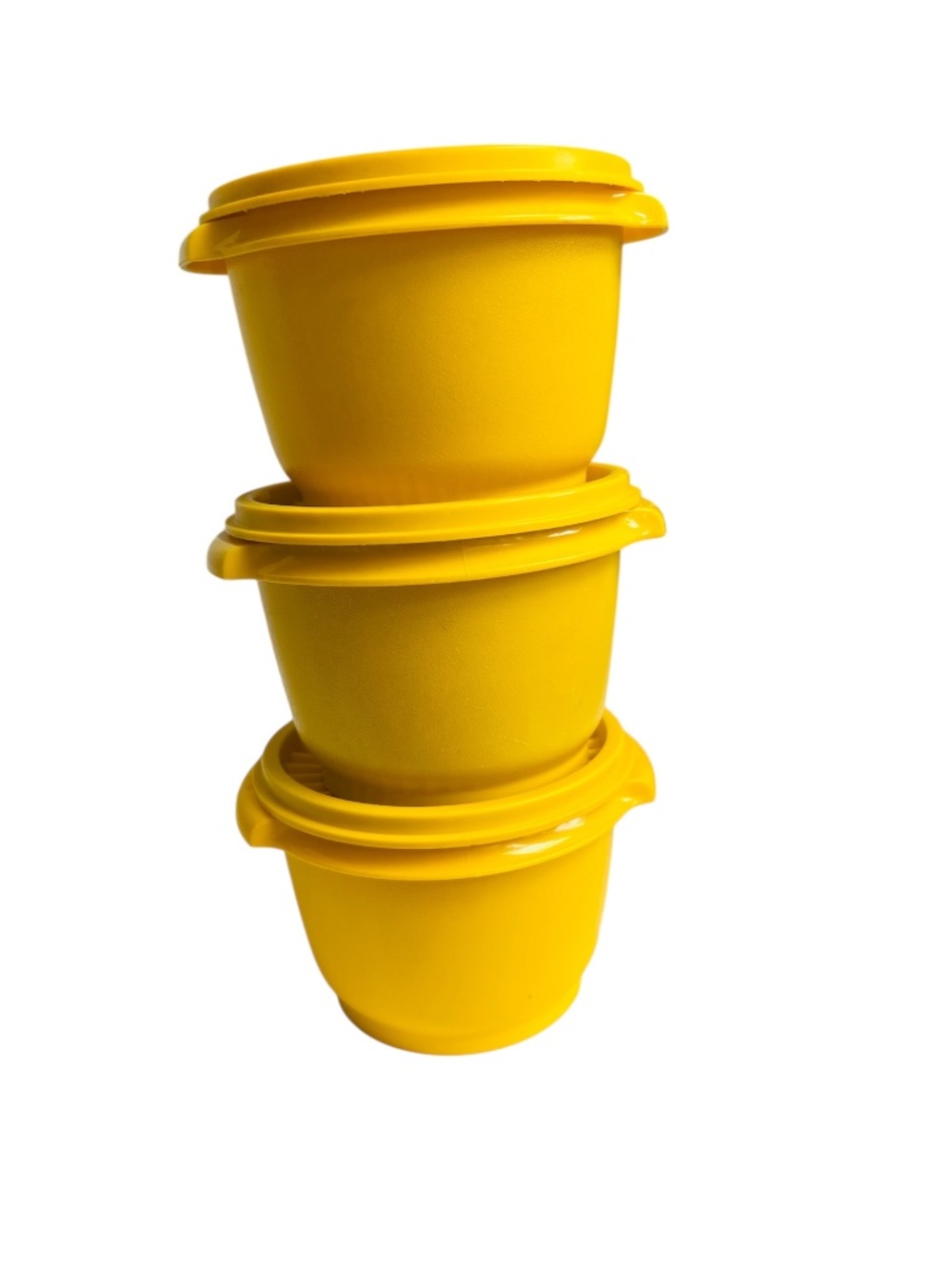 3 Tupperware Bowls Vintage Storage Containers 886-47 Bright Yellow Snap on Lids